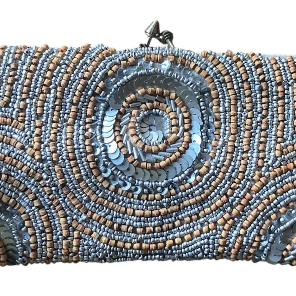 White House Black Market Vintage Wood Beaded Evening Bag + Silver Sequins. OS - Picture 4 of 7